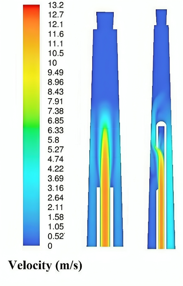 CFD simulation of velocity magnitude distribution within the root canal during irrigation using two needle types: open-ended and side-vented.